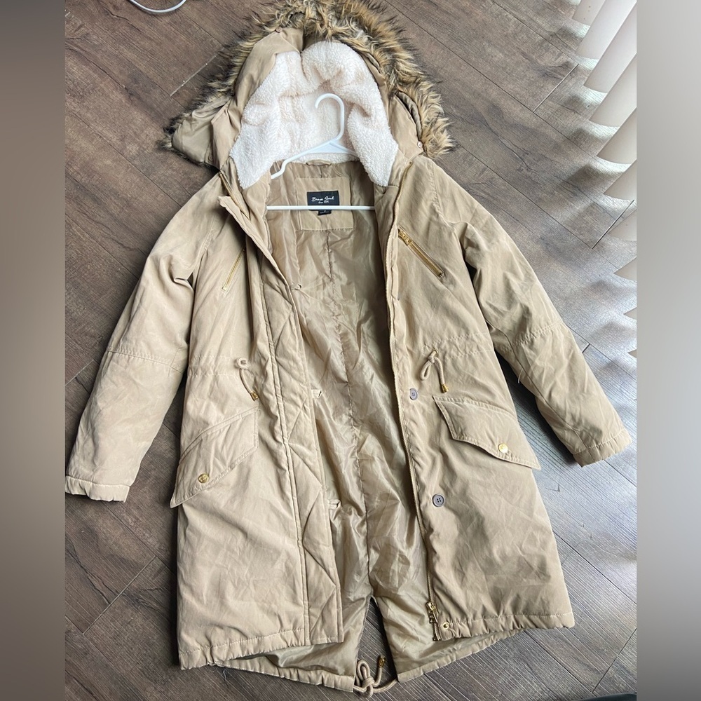 H&M Tan Hooded Utility Jacket with Faux Fur Trim